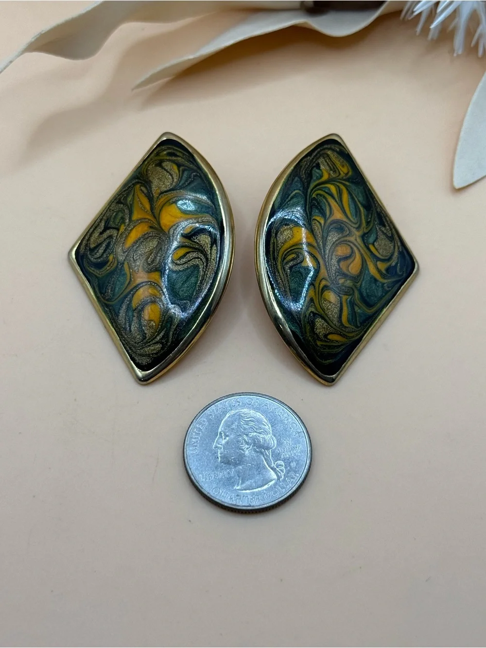 Vintage Marbled Enamel Look Geometric Pierced Stud Earrings Blue Gold Statement
